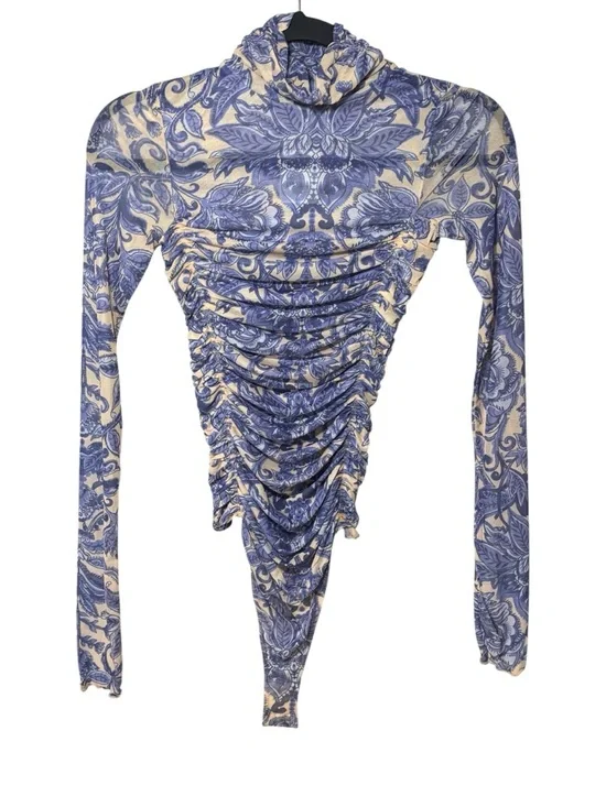 Free People Under It All Bodysuit XS Porcelain Combo Blue Floral Mesh Ruched NWT - Picture 3 of 14